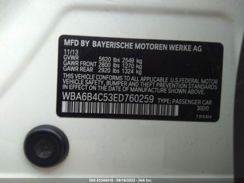 2014 BMW 6 SERIES 650I XDRIVE WBA6B4C53ED760259