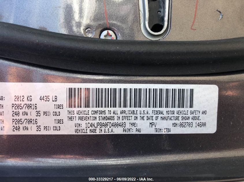 2015 JEEP PATRIOT SPORT 1C4NJPBA0FD400403