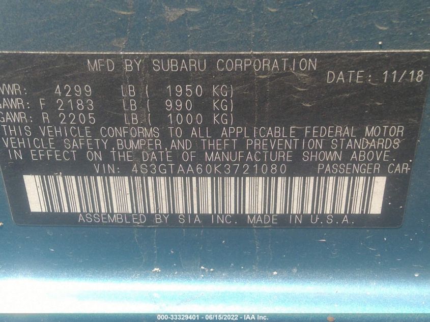 2019 SUBARU IMPREZA 4S3GTAA60K3721080