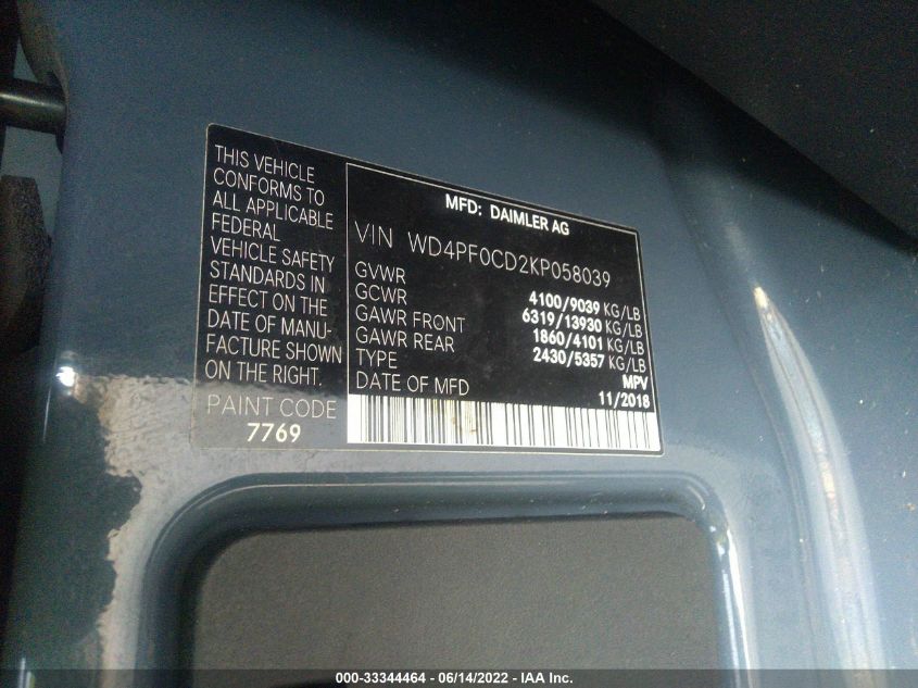 2019 MERCEDES-BENZ SPRINTER VAN WD4PF0CD2KP058039