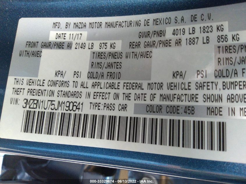 2018 MAZDA MAZDA3 4-DOOR SPORT 3MZBN1U75JM190641