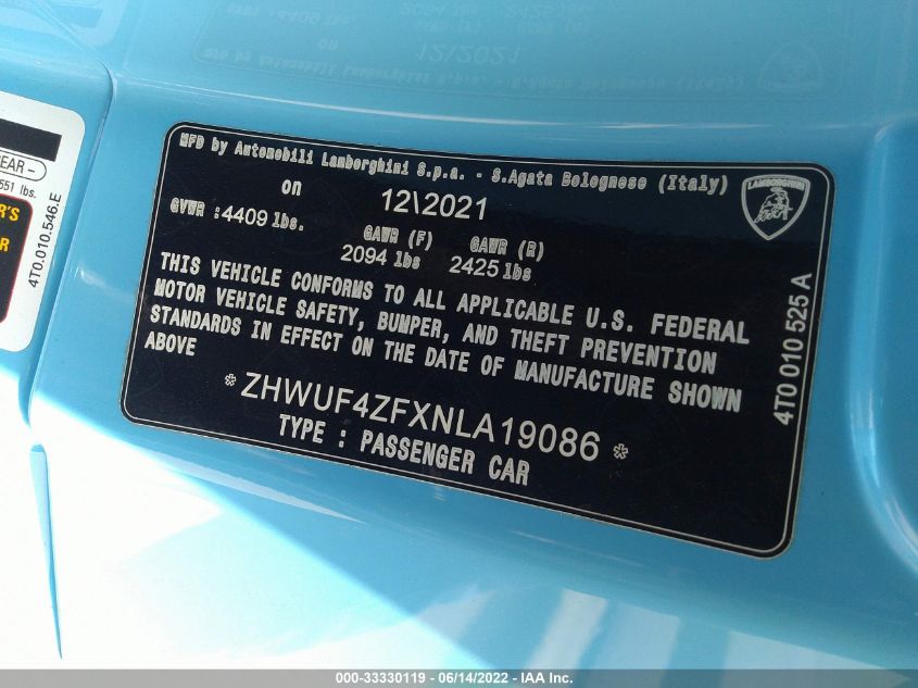 2022 LAMBORGHINI HURACAN EVO ZHWUF4ZFXNLA19086