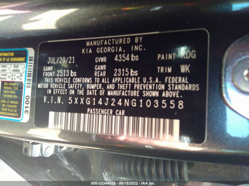 2022 KIA K5 LXS 5XXG14J24NG103558