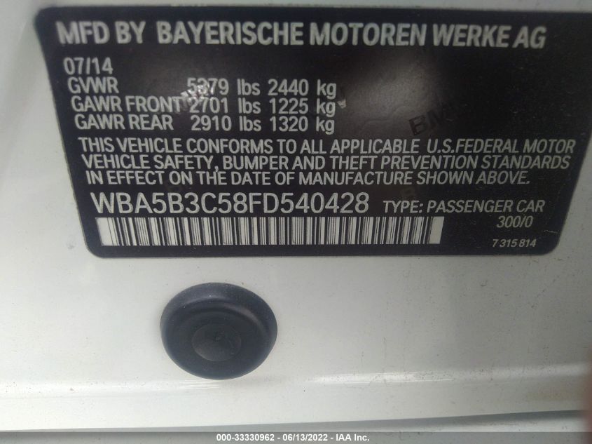 2015 BMW 5 SERIES XI WBA5B3C58FD540428