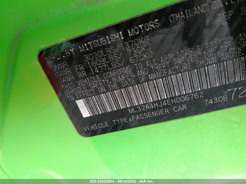2014 MITSUBISHI MIRAGE ES ML32A4HJ4EH006762