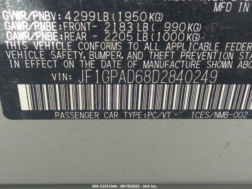 2013 SUBARU IMPREZA WAGON 2.0I PREMIUM JF1GPAD68D2840249