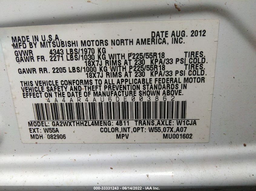 2013 MITSUBISHI OUTLANDER SPORT SE 4A4AR4AU6DE003862