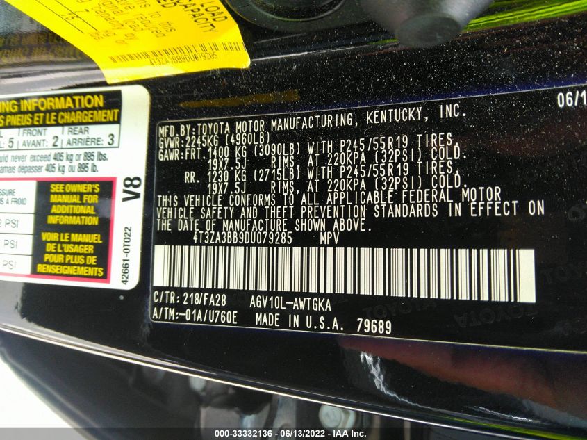 2013 TOYOTA VENZA LE/XLE 4T3ZA3BB9DU079285