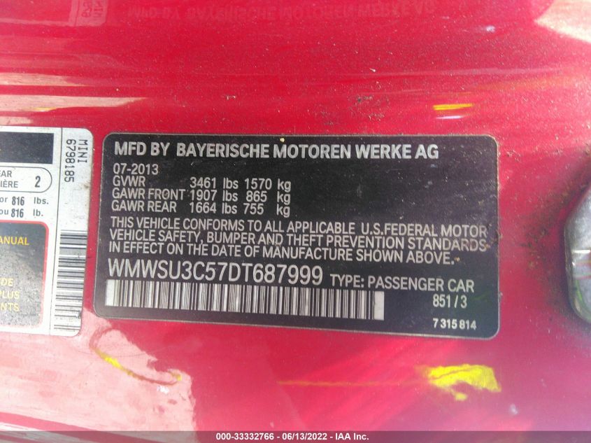 2013 MINI COOPER HARDTOP WMWSU3C57DT687999