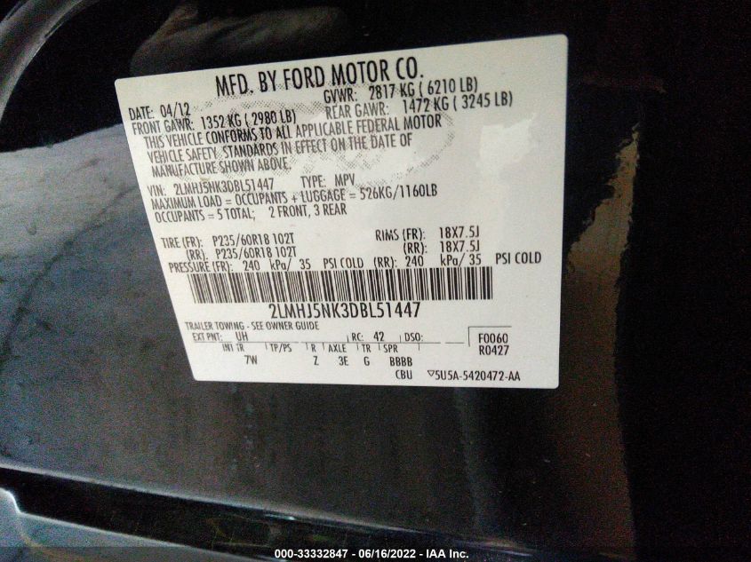2013 LINCOLN MKT 2LMHJ5NK3DBL51447