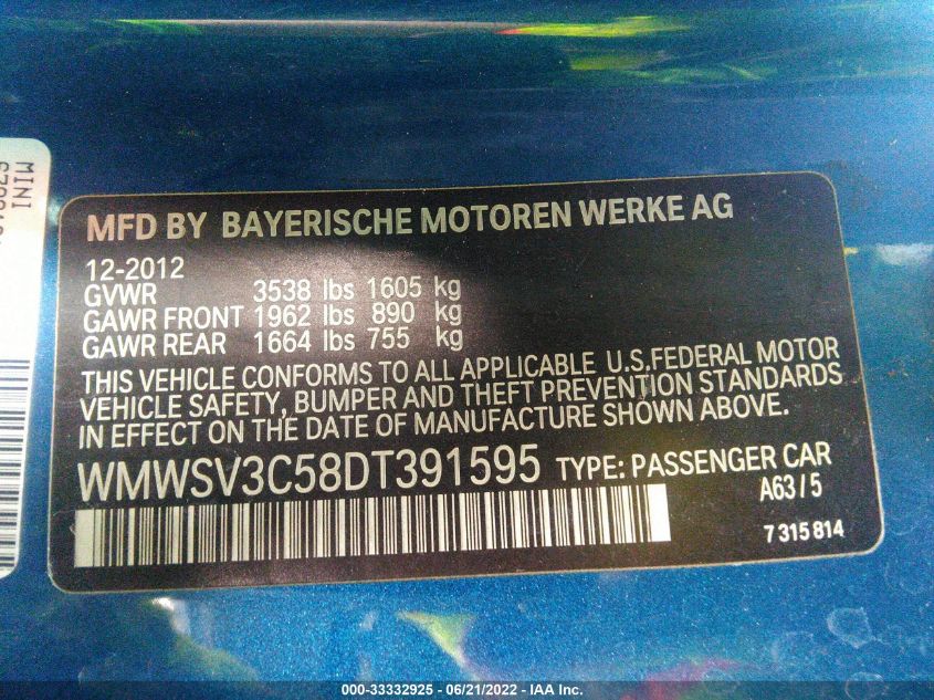 2013 MINI COOPER HARDTOP S WMWSV3C58DT391595