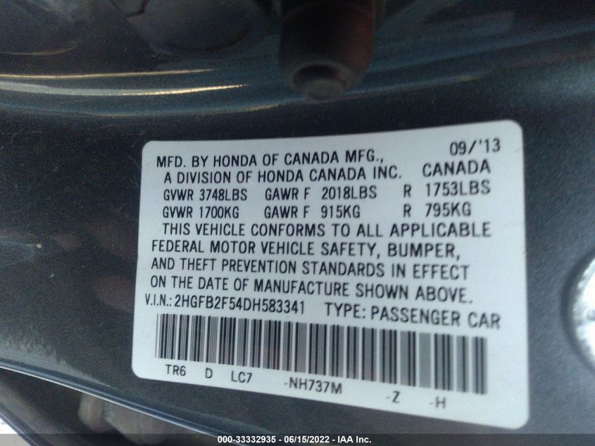 2013 HONDA CIVIC SDN LX 2HGFB2F54DH583341