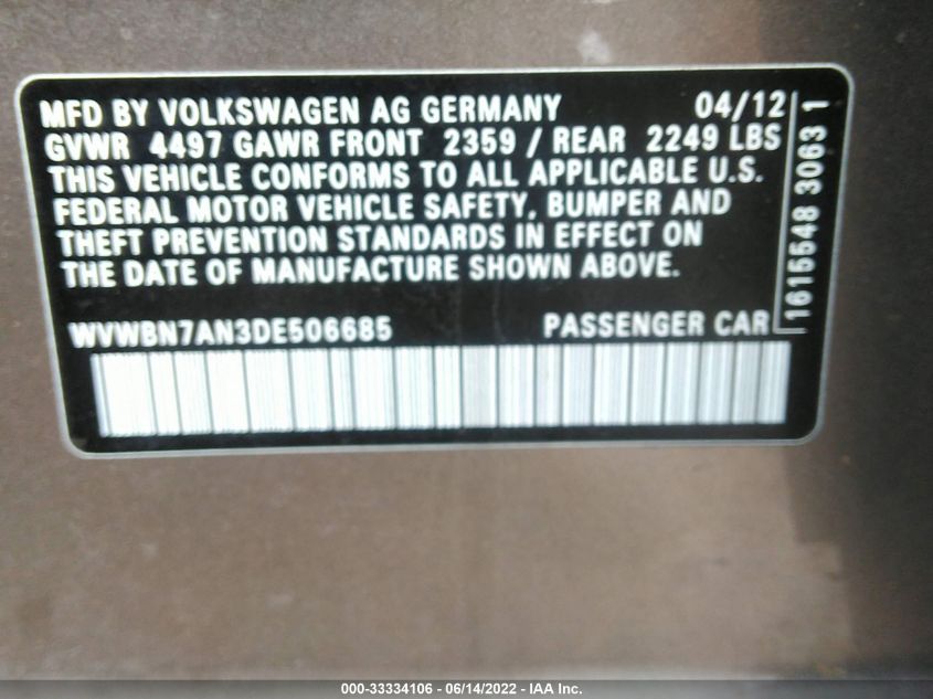 2013 VOLKSWAGEN CC SPORT PLUS WVWBN7AN3DE506685