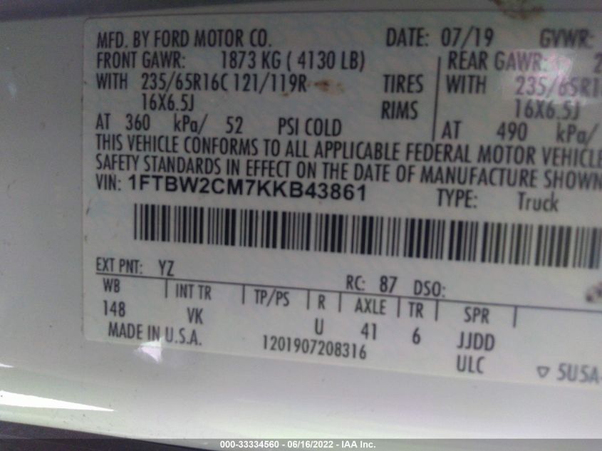 2019 FORD TRANSIT VAN 1FTBW2CM7KKB43861