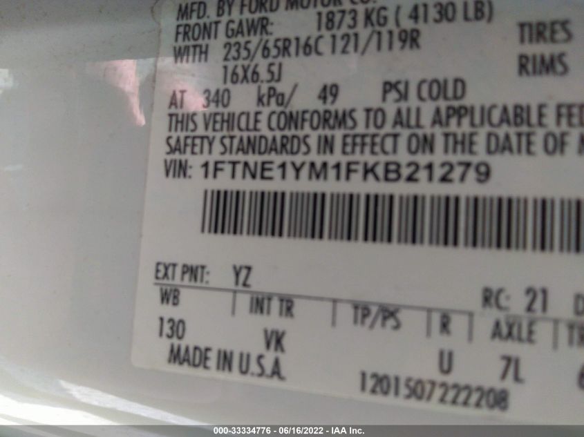 2015 FORD TRANSIT CARGO VAN 1FTNE1YM1FKB21279