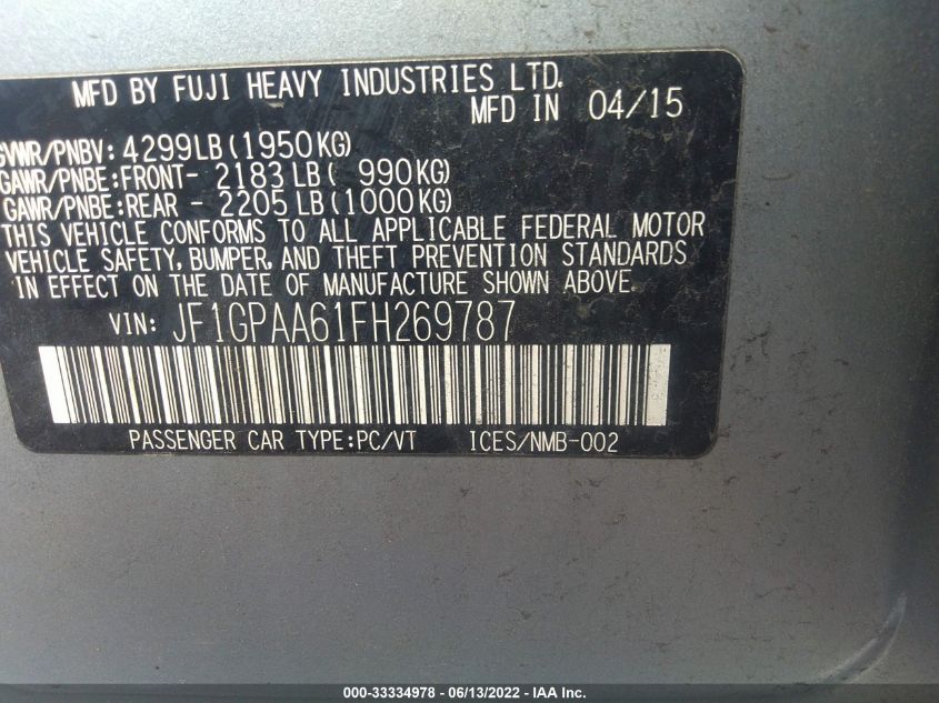2015 SUBARU IMPREZA WAGON 2.0I JF1GPAA61FH269787