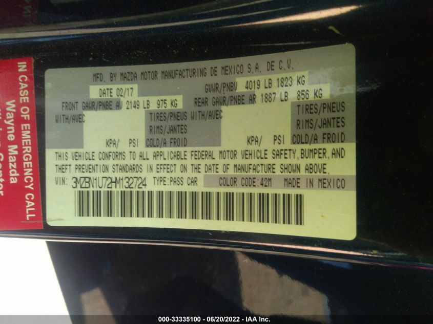 2017 MAZDA MAZDA3 4-DOOR SPORT 3MZBN1U72HM132724