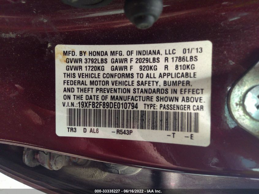 2013 HONDA CIVIC SDN EX 19XFB2F89DE010794