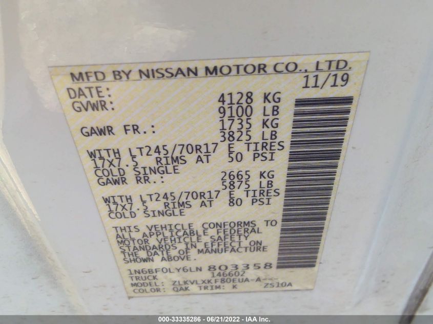 2020 NISSAN NV CARGO SV 1N6BF0LY6LN803358