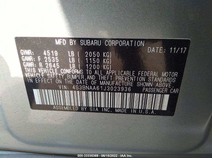 2018 SUBARU LEGACY 4S3BNAA61J3023936
