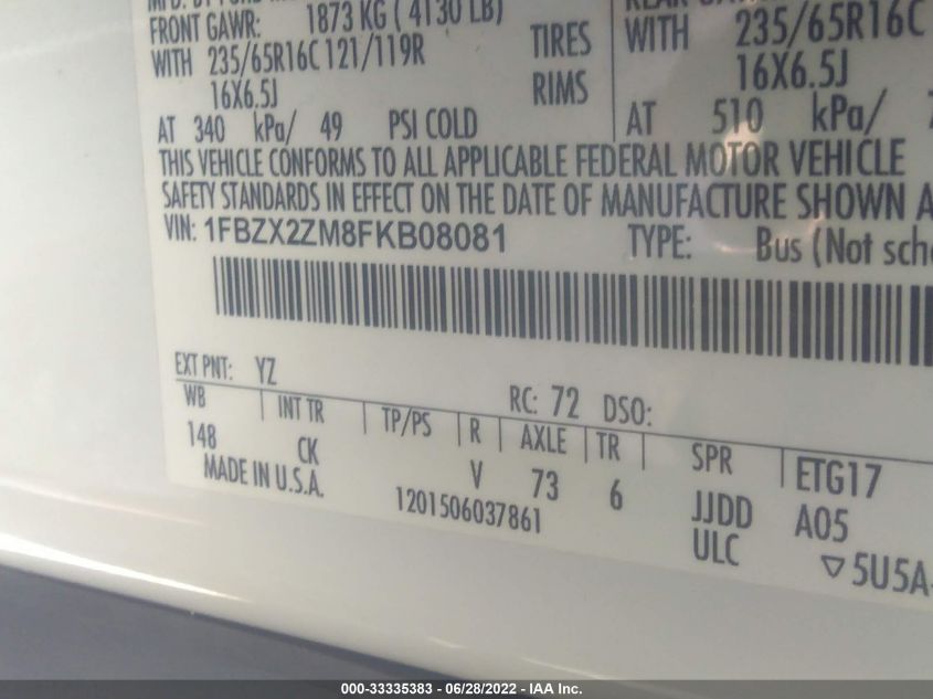 2015 FORD TRANSIT WAGON XL/XLT 1FBZX2ZM8FKB08081