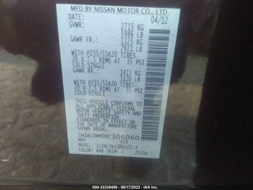 2013 INFINITI JX 5N1AL0MM0DC306060