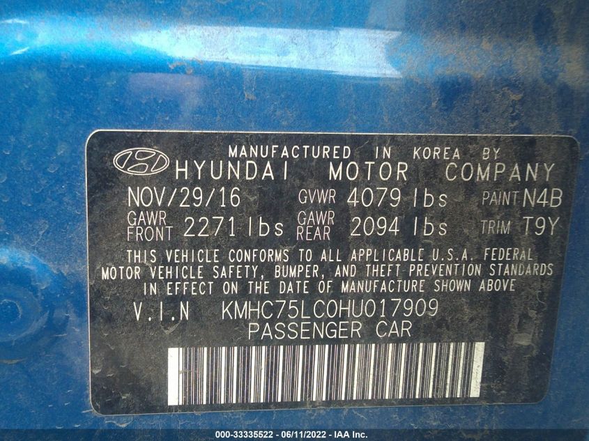 2017 HYUNDAI IONIQ HYBRID SEL KMHC75LC0HU017909