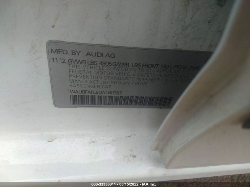 2013 AUDI A4 PREMIUM WAUBFAFL9DA160387