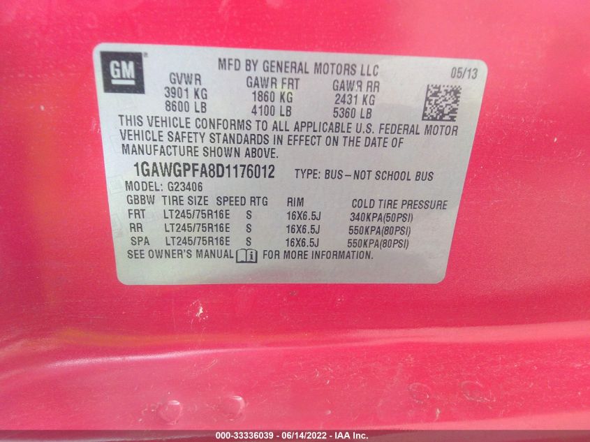 2013 CHEVROLET EXPRESS PASSENGER LS 1GAWGPFA8D1176012