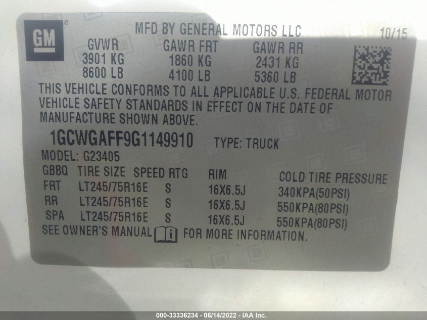 2016 CHEVROLET EXPRESS CARGO VAN 1GCWGAFF9G1149910
