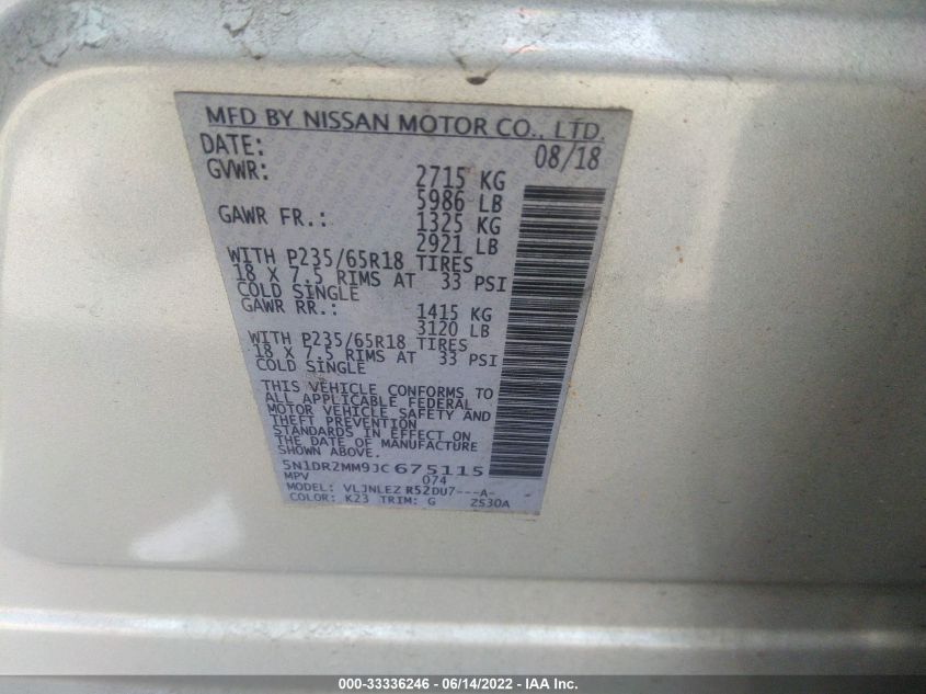 2018 NISSAN PATHFINDER SV 5N1DR2MM9JC675115