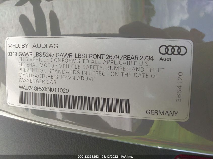 2019 AUDI S5 CABRIOLET PRESTIGE WAU24GF5XKN011020