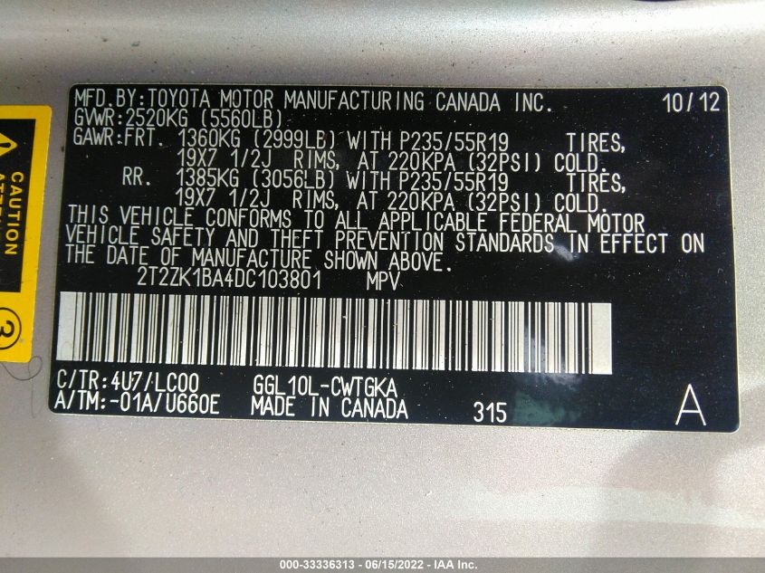 2013 LEXUS RX 350 350 2T2ZK1BA4DC103801
