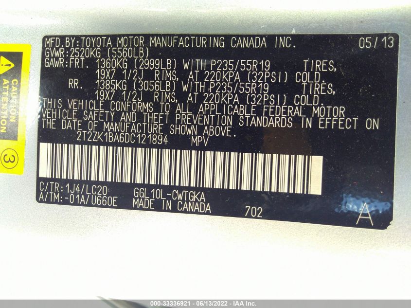 2013 LEXUS RX 350 2T2ZK1BA6DC121894