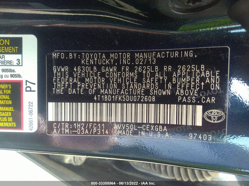 2013 TOYOTA CAMRY HYBRID LE/XLE - 4T1BD1FK5DU072608