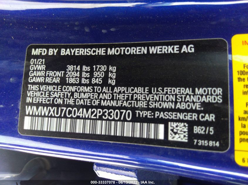 2021 MINI HARDTOP 4 DOOR COOPER WMWXU7C04M2P33070