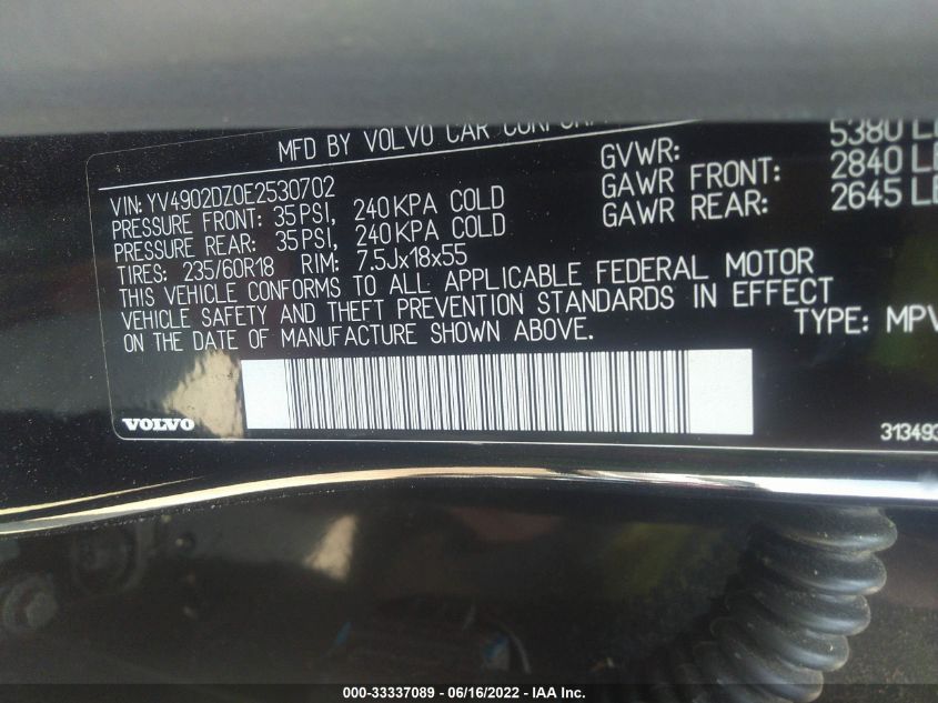 2014 VOLVO XC60 3.0L YV4902DZ0E2530702