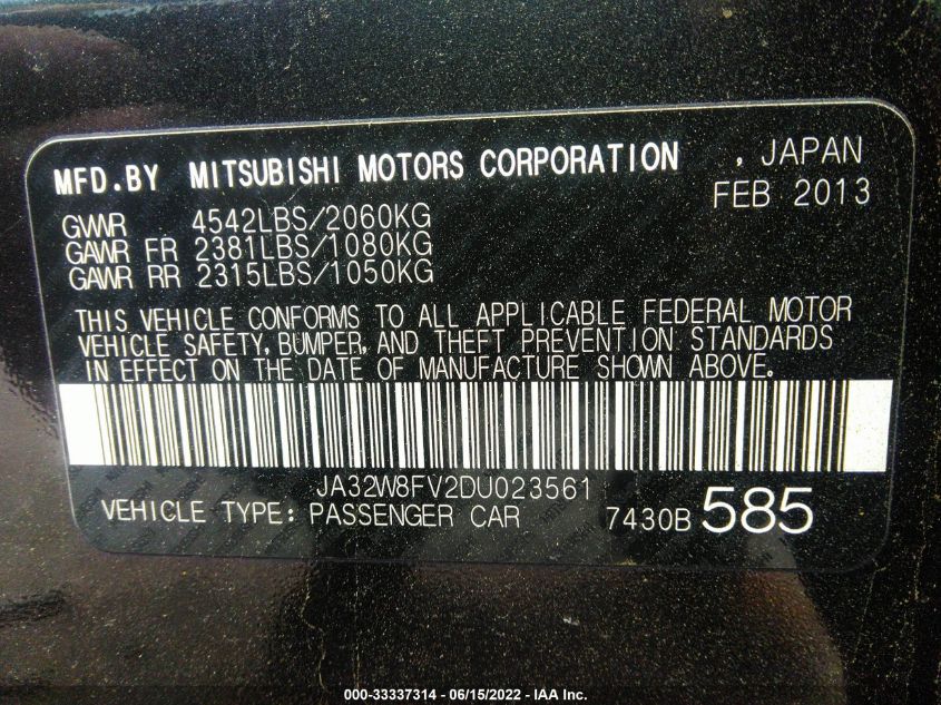 2013 MITSUBISHI LANCER EVOLUTION GSR JA32W8FV2DU023561