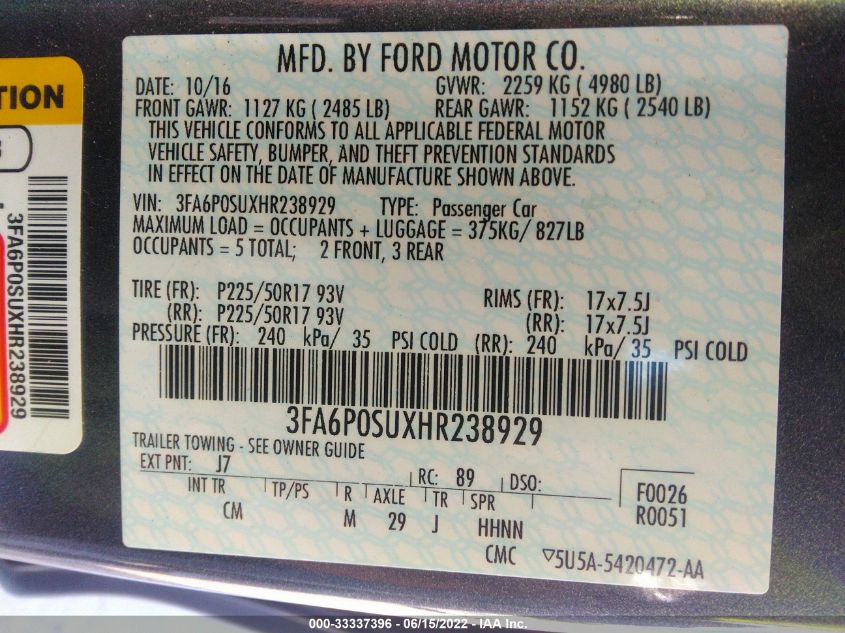 2017 FORD FUSION ENERGI TITANIUM/PLATINUM 3FA6P0SUXHR238929