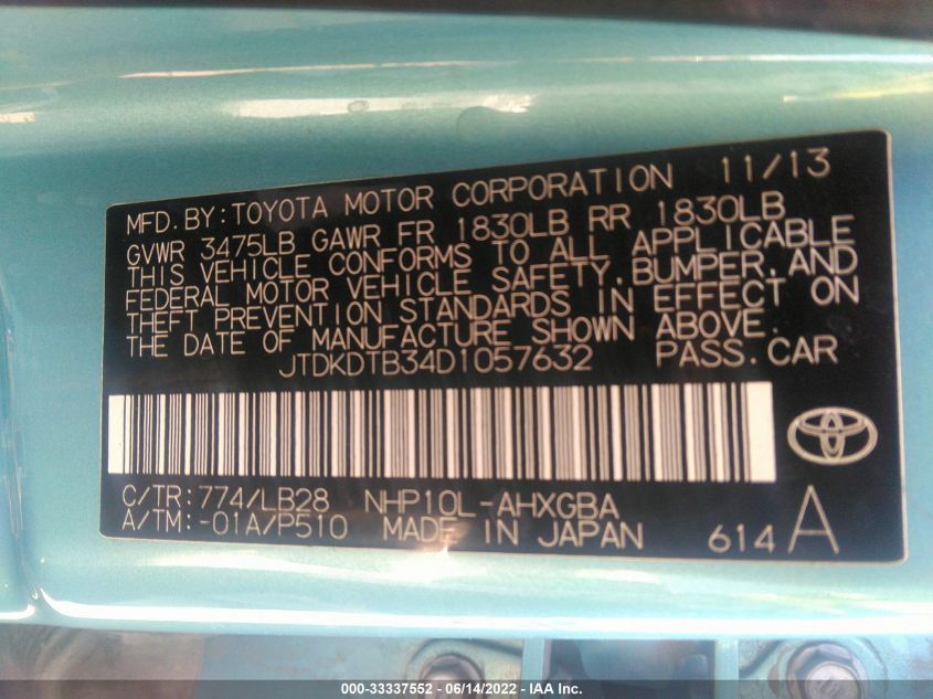2013 TOYOTA PRIUS C ONE/TWO/THREE/FOUR JTDKDTB34D1057632