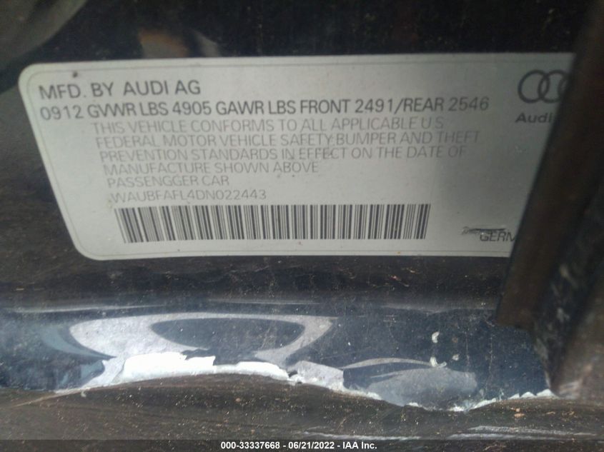 2013 AUDI A4 PREMIUM WAUBFAFL4DN022443