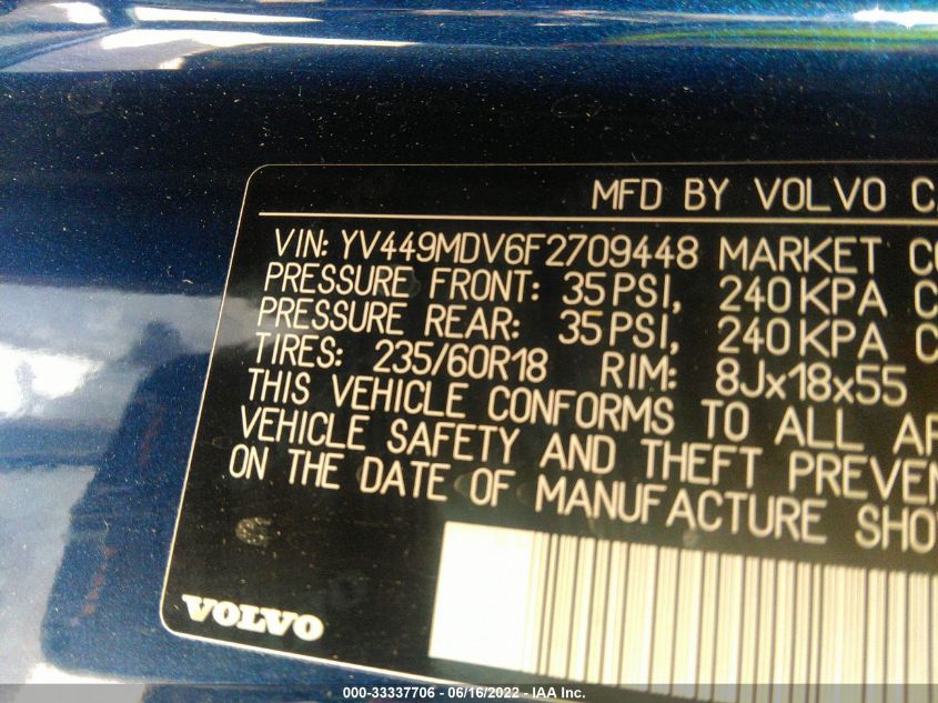 2015 VOLVO XC60 T6 DRIVE-E PLATINUM YV449MDV6F2709448