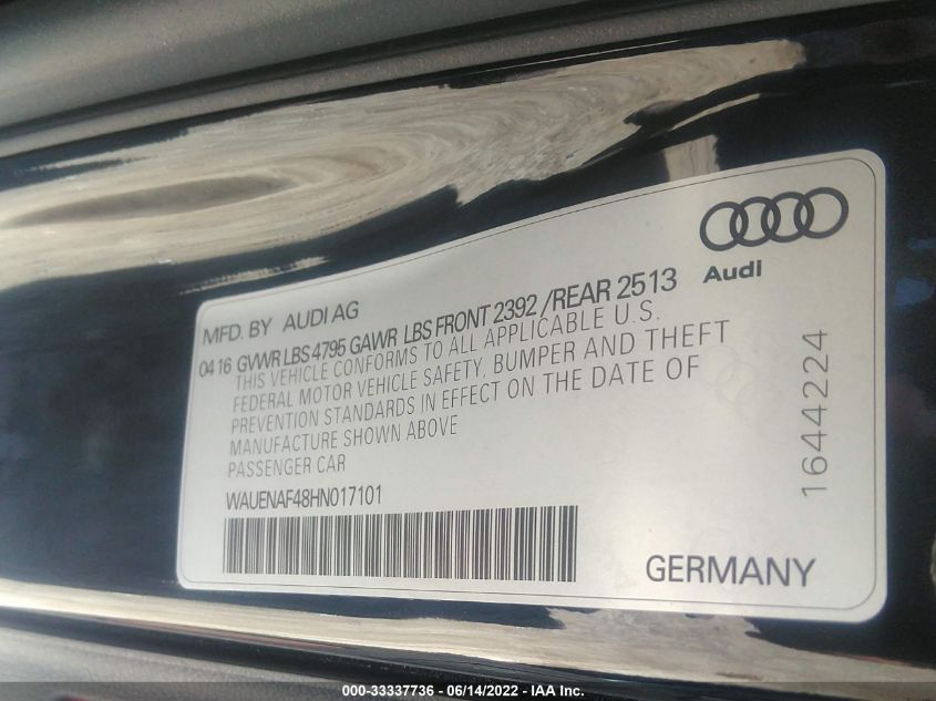 2017 AUDI A4 PREMIUM PLUS WAUENAF48HN017101