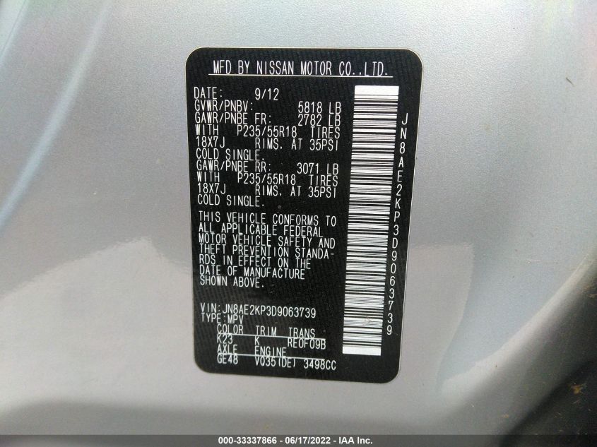 2013 NISSAN QUEST SL JN8AE2KP3D9063739