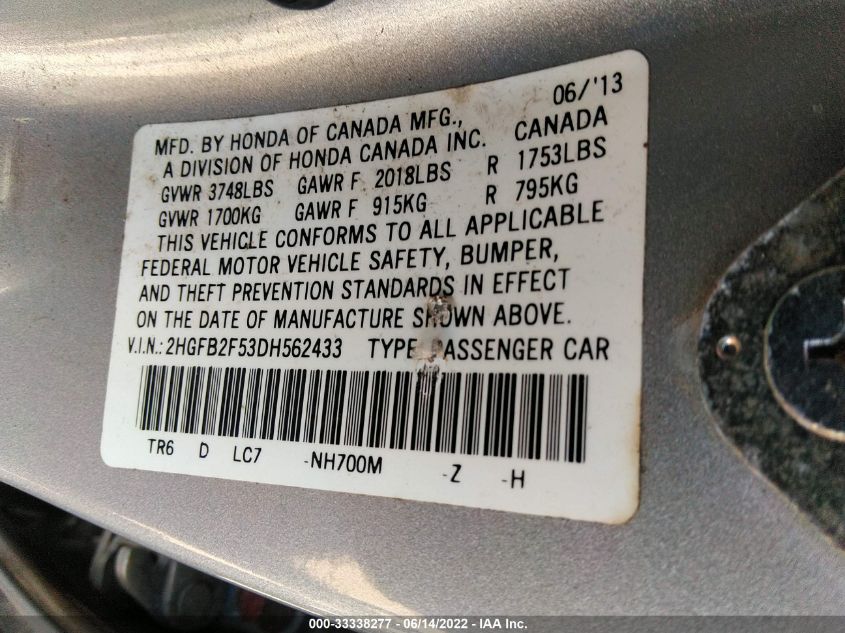 2013 HONDA CIVIC SDN LX 2HGFB2F53DH562433