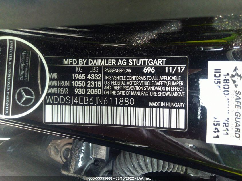 2018 MERCEDES-BENZ CLA CLA 250 WDDSJ4EB6JN611880