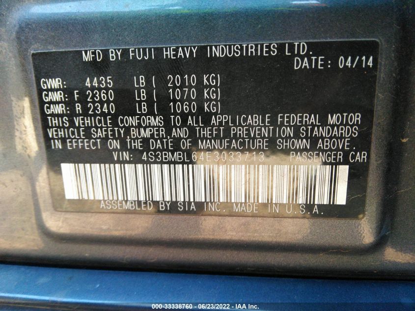 2014 SUBARU LEGACY 2.5I LIMITED 4S3BMBL64E3033713