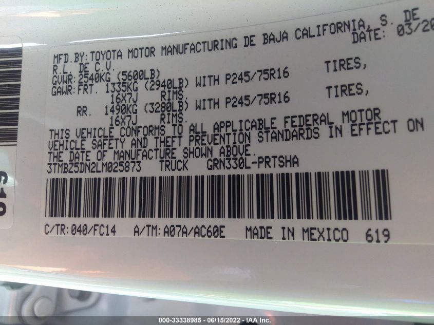 2020 TOYOTA TACOMA 2WD SR5/TRD SPORT 3TMBZ5DN2LM025873