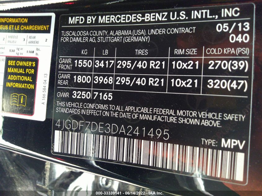 2013 MERCEDES-BENZ GL-CLASS GL 550 4JGDF7DE3DA241495
