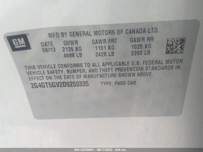 2013 BUICK REGAL TURBO PREMIUM 2 2G4GT5GV2D9250335